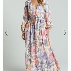 AMALIE THE LABEL - LILY LINEN BLEND V NECK LONG PUFF SLEEVE TIE BACK MAXI DRESS